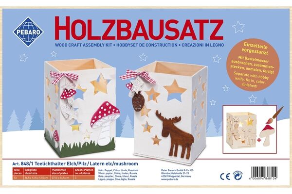 13 tlg. Holzbausatz, Teelichthalter, Elch/Pilz