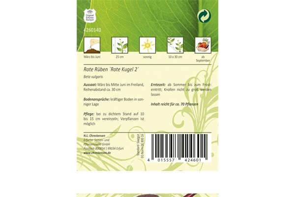  Saatgut Rote Rüben, Rote Kugel 3, für 70 Pflanzen