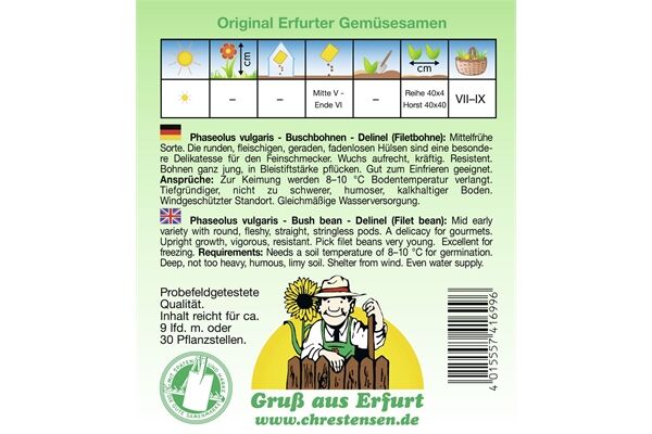  Saatgut Filetbohnen, Delinel, mittelfrühe Sorte,