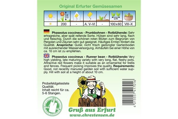  Saatgut Prunkbohnen, Rotblühende, späte