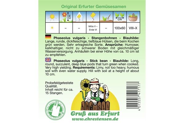  Saatgut Stangenbohnen Blauhilde, ohne Fäden,