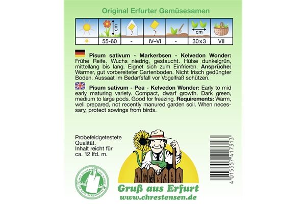  Saatgut Markerbsen Kelvedon Wonder, frühe Sorte,