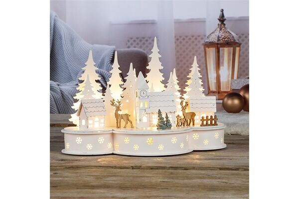  Weihnachtsstadt aus Holz, 10 LED, 30 x 15 x 20 cm